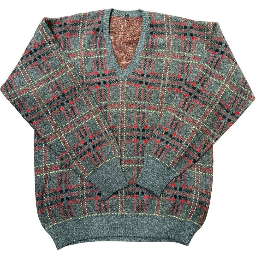 Checkered Plaid Men’s Wool Mohair Knit Sweater Grandpacore Rustic Cabin